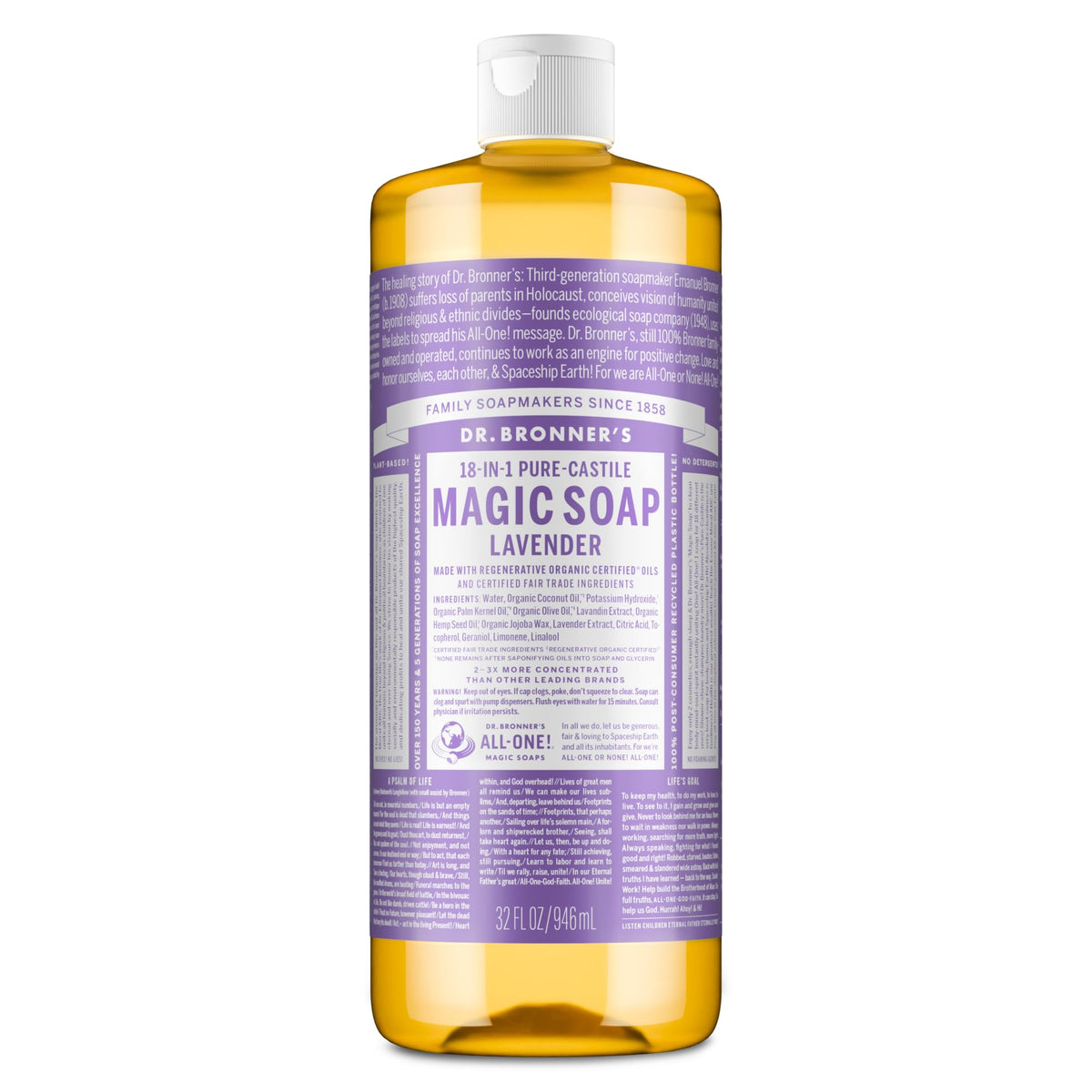 Dr. Bronner's front label showing lavender scent and multipurpose benefits