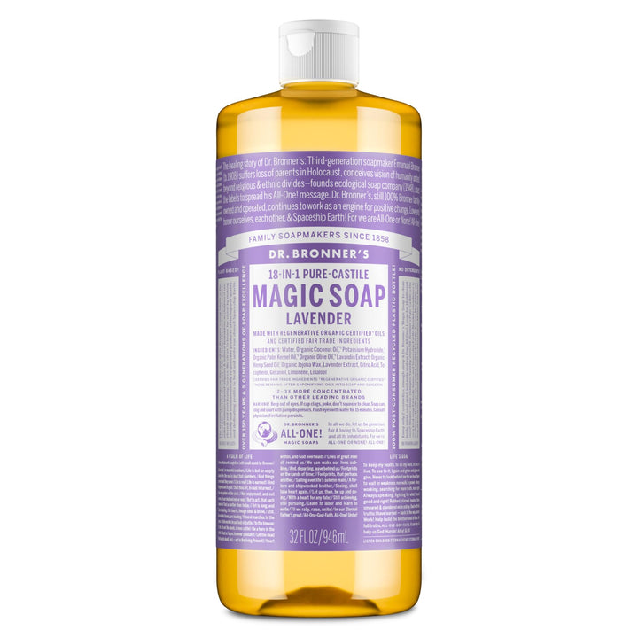 Dr. Bronner's front label showing lavender scent and multipurpose benefits