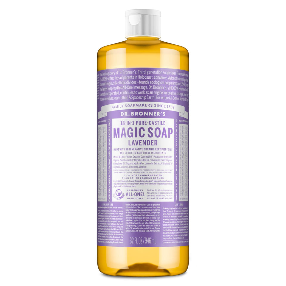 Dr. Bronner's front label showing lavender scent and multipurpose benefits