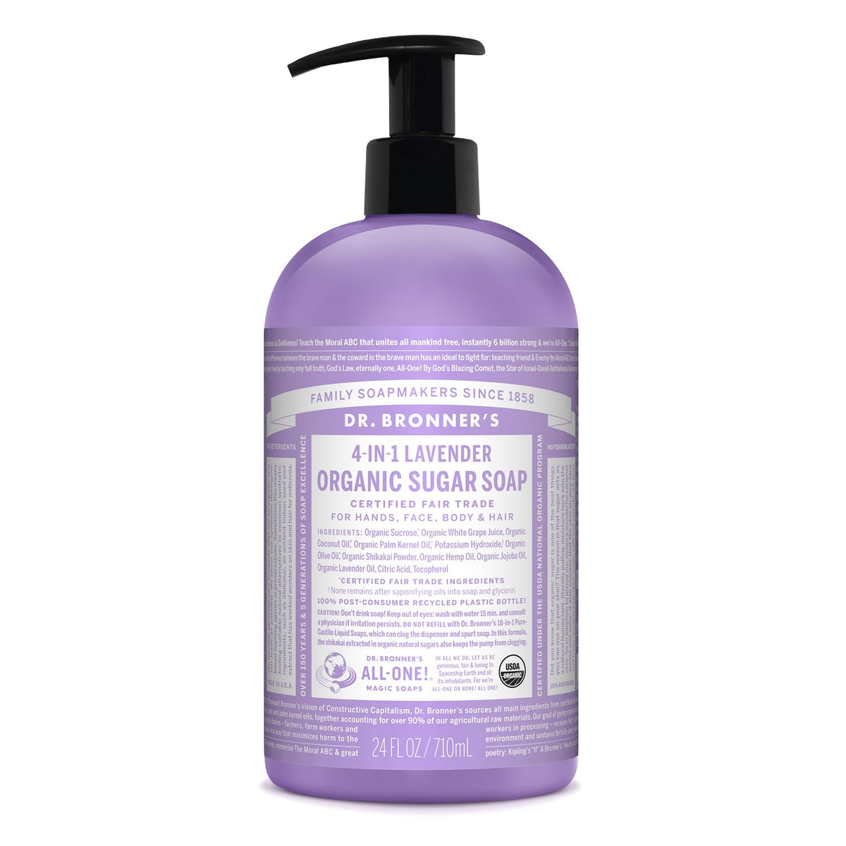 Dr. Bronner's lavender front packaging shows bottle and label benefit gentle cleansing