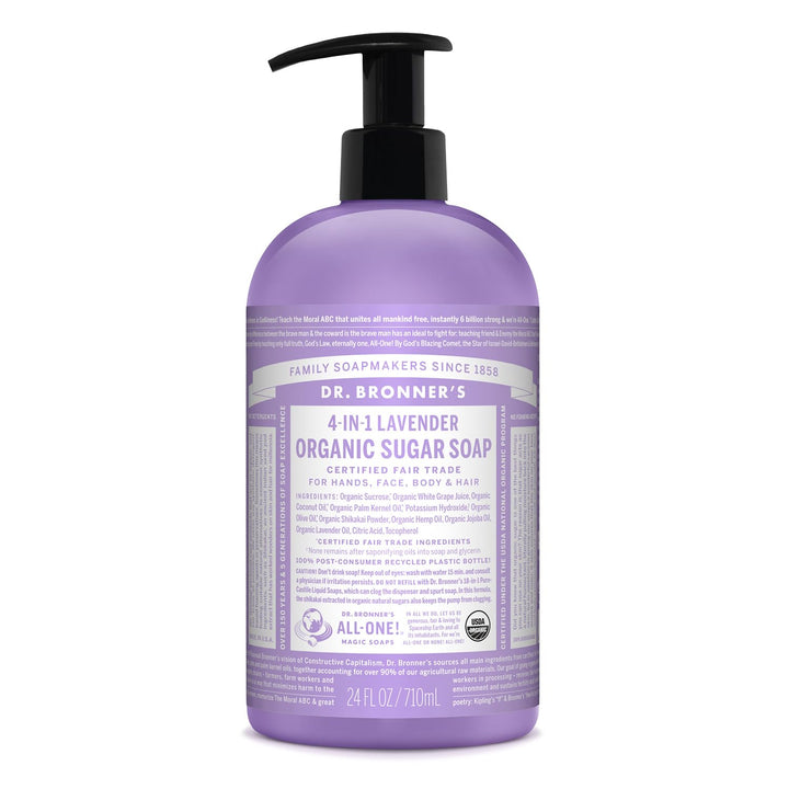 Dr. Bronner's lavender front packaging shows bottle and label benefit gentle cleansing