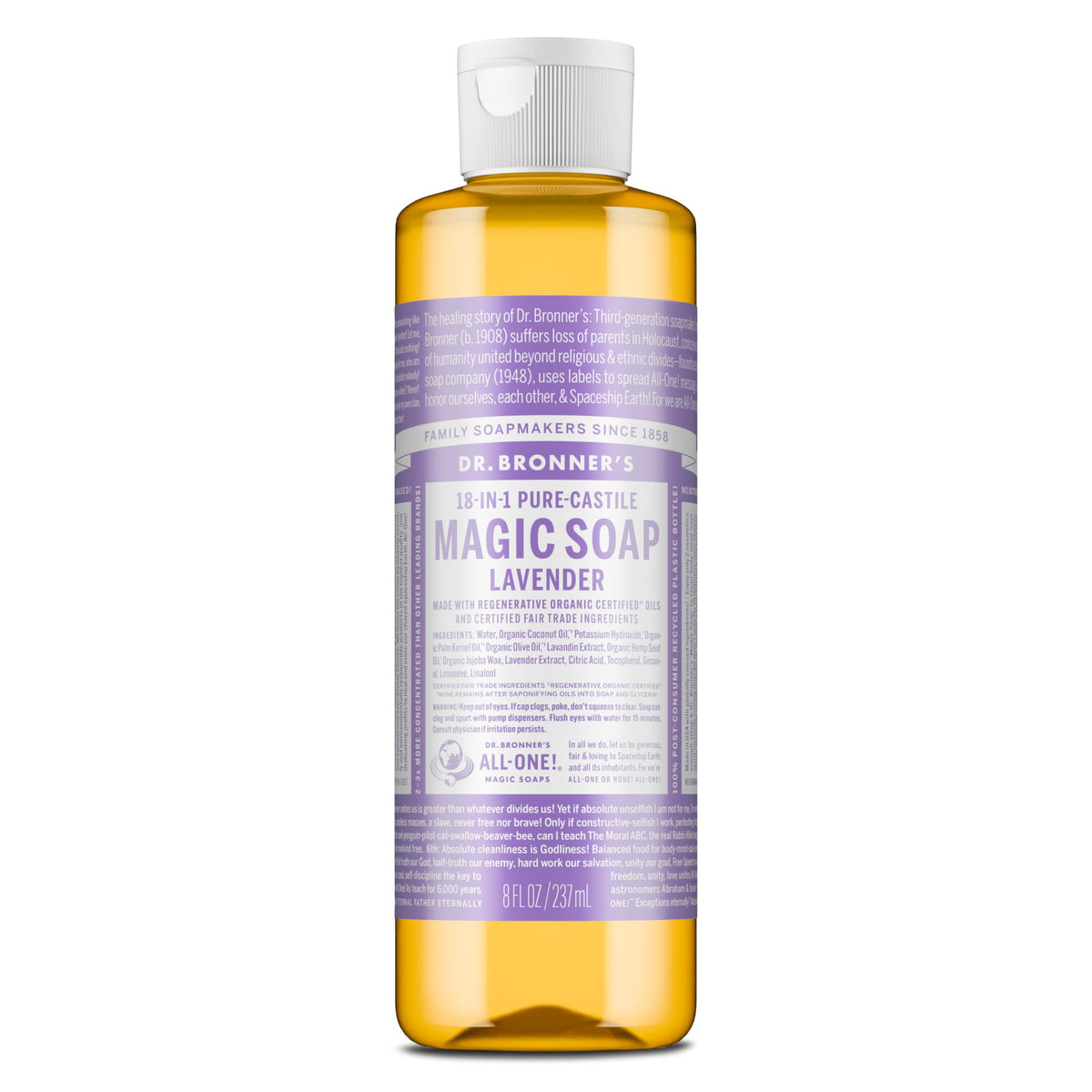 Dr. Bronner's bottle front packaging showing lavender label and benefits