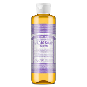 Dr. Bronner's bottle front packaging showing lavender label and benefits