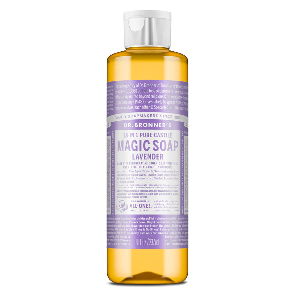 Dr. Bronner's bottle front packaging showing lavender label and benefits