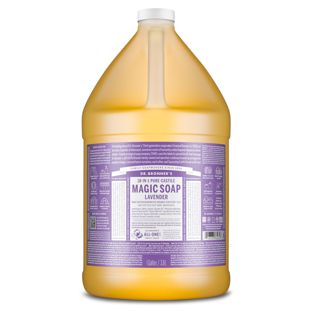 Dr. Bronner's gallon front label showing lavender scent and organic benefits