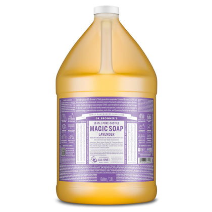 Dr. Bronner's gallon front label showing lavender scent and organic benefits