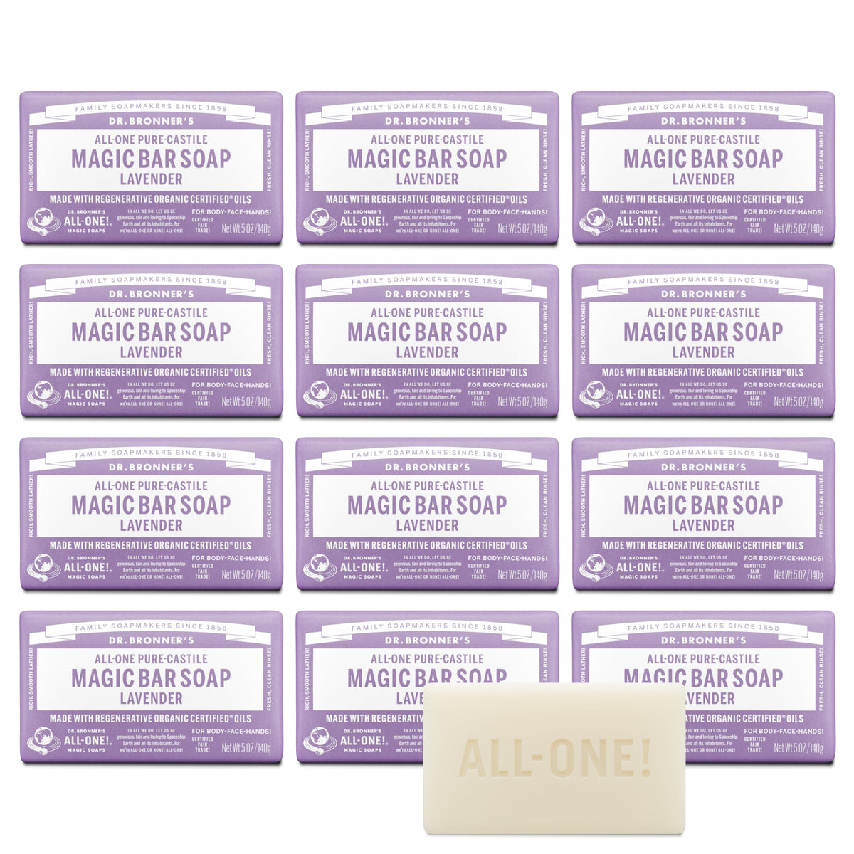 Dr. Bronner's lavender Magic Bar front packaging showing brand and fragrance benefits