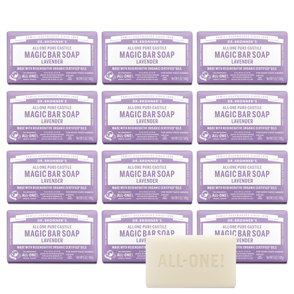 Dr. Bronner's lavender Magic Bar front packaging showing brand and fragrance benefits