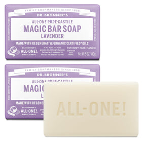 Dr. Bronner's lavender bar front packaging showing recycled wrapper and size benefit