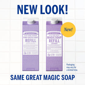 Dr. Bronner's pouring lavender soap close-up demonstrating texture and control for dilution
