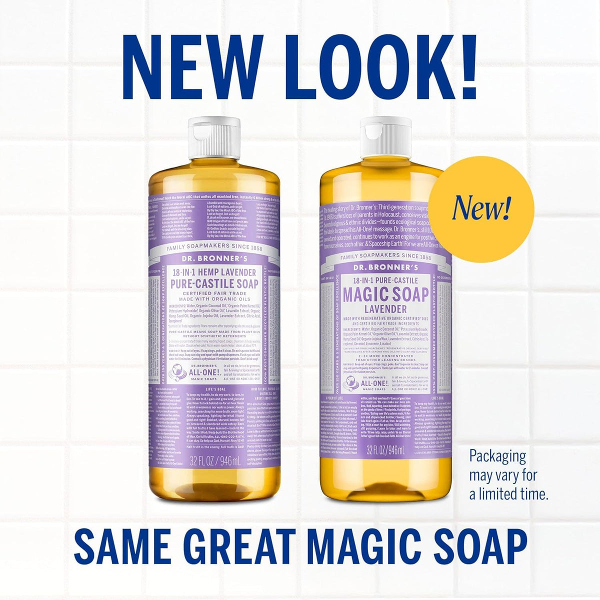 Dr. Bronner's pouring concentrated lavender soap from bottle for dilution control