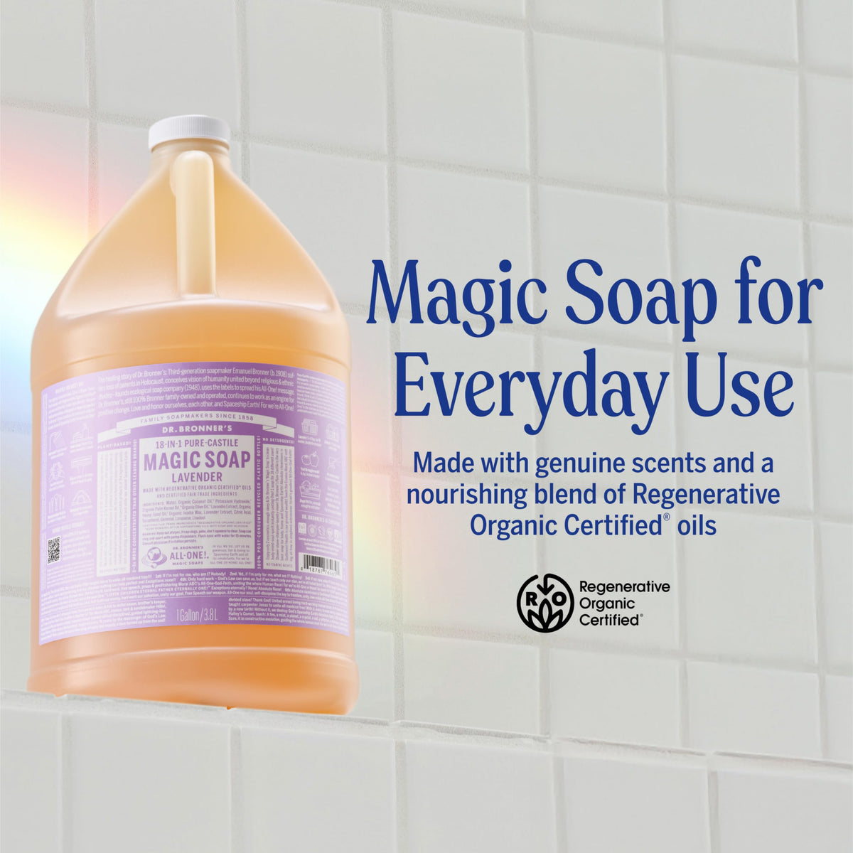 Dr. Bronner's pouring concentrated lavender soap from gallon to smaller bottle