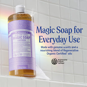 Dr. Bronner's liquid soap pouring from bottle into palm to illustrate concentrated use