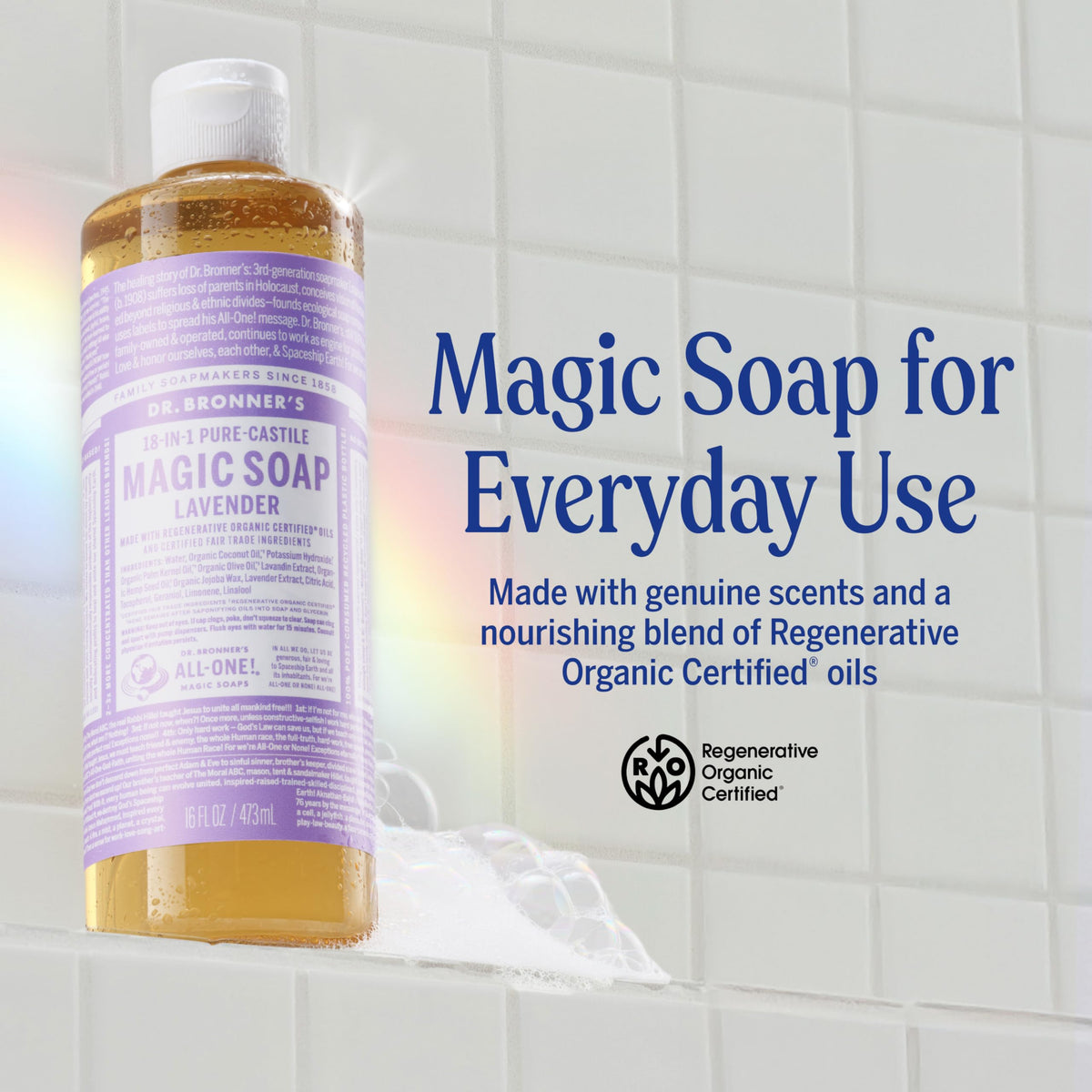 Dr. Bronner's bottle with pump dispensing concentrated soap for easy measured use