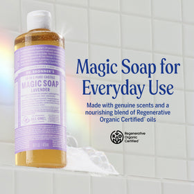 Dr. Bronner's bottle with pump dispensing concentrated soap for easy measured use