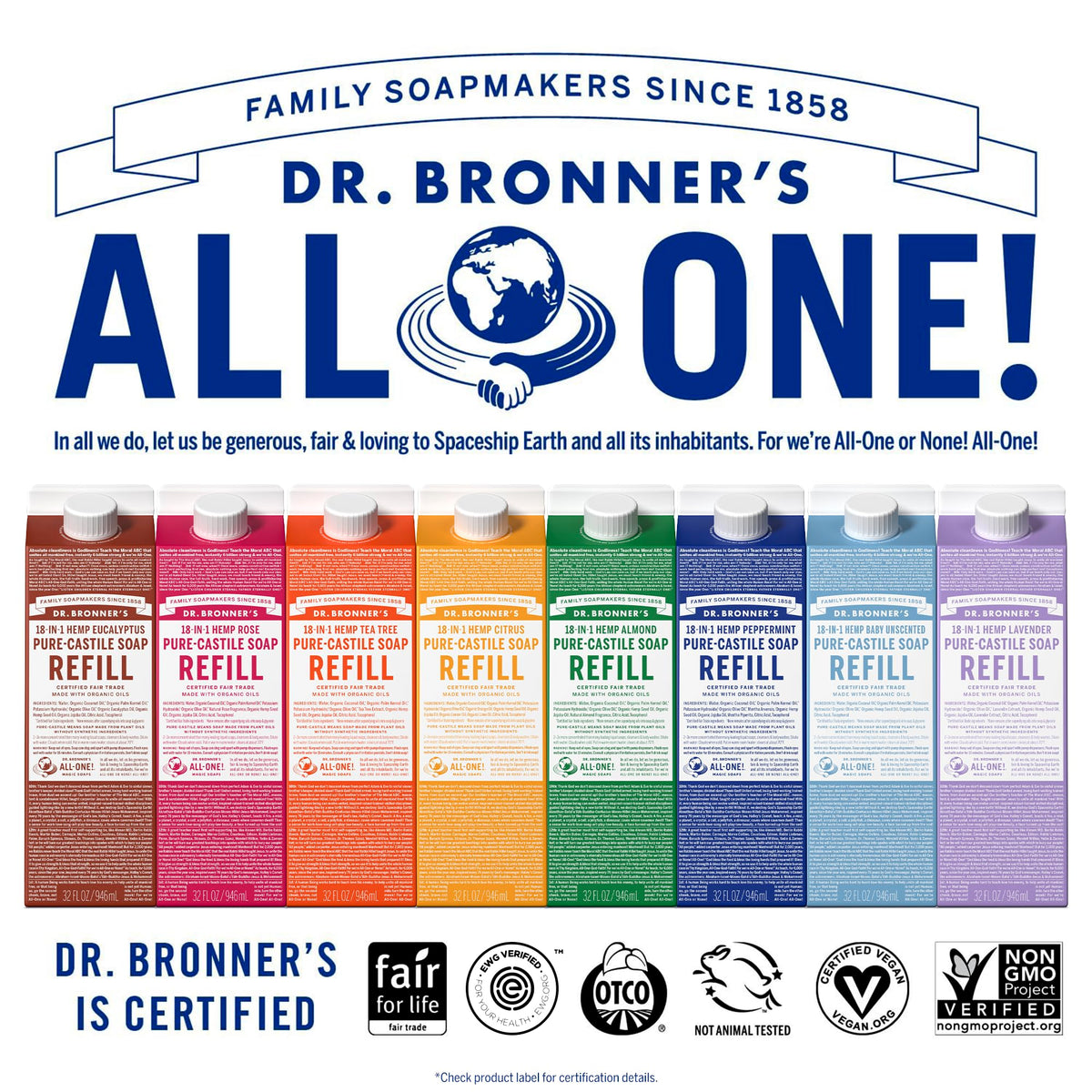 Dr. Bronner's refill carton beside reusable bottle showing reduced plastic and economy benefit