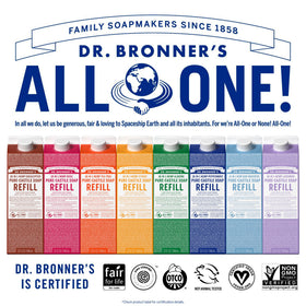 Dr. Bronner's refill carton beside reusable bottle showing reduced plastic and economy benefit