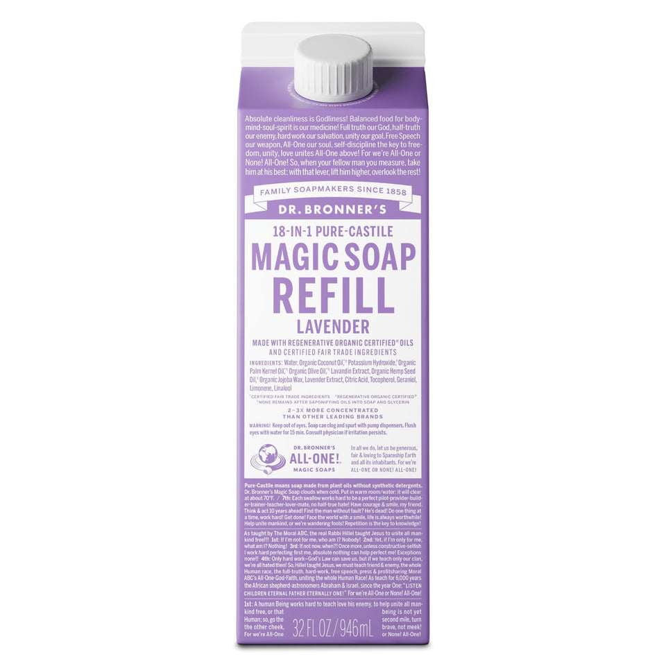 Dr. Bronner's lavender front carton showing eco refill and benefits