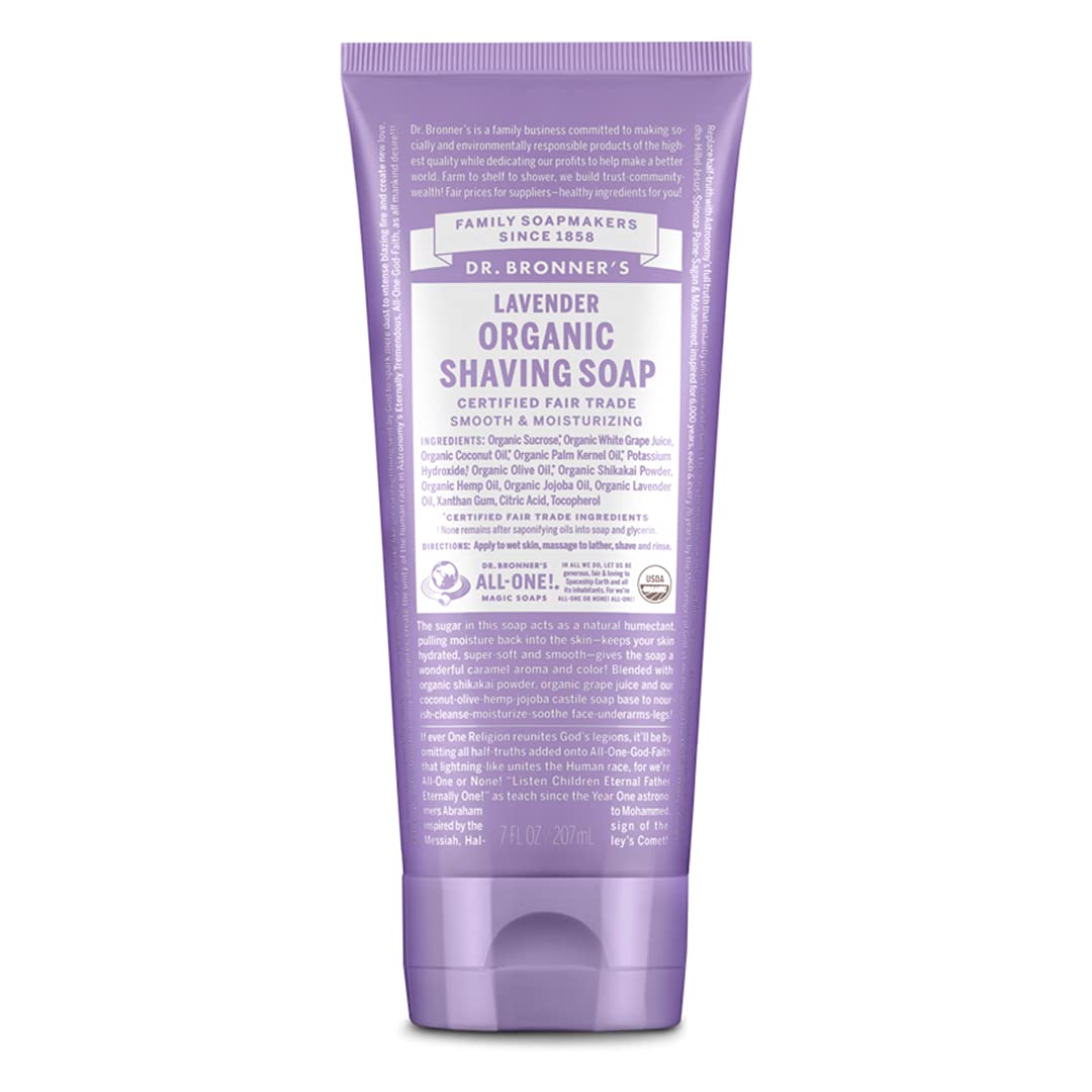 Dr. Bronner's lavender shaving soap tub front view showing packaging and scent benefit