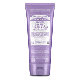Dr. Bronner's lavender shaving soap tub front view showing packaging and scent benefit