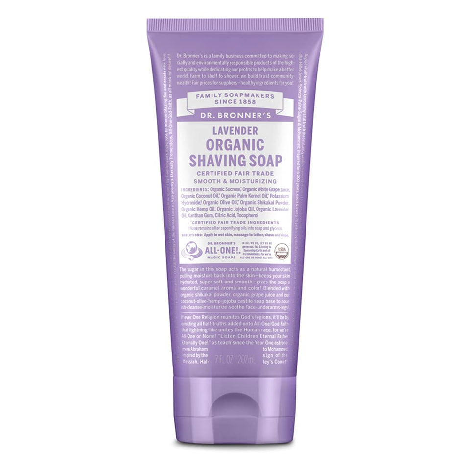Dr. Bronner's lavender shaving soap tub front view showing packaging and scent benefit