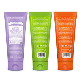 Dr. Bronner's Lavender shaving soap open tin demonstrating product form