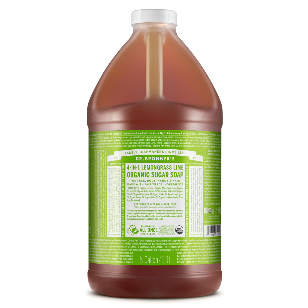 Dr. Bronner's front label showing lemongrass scent and organic claims for clarity