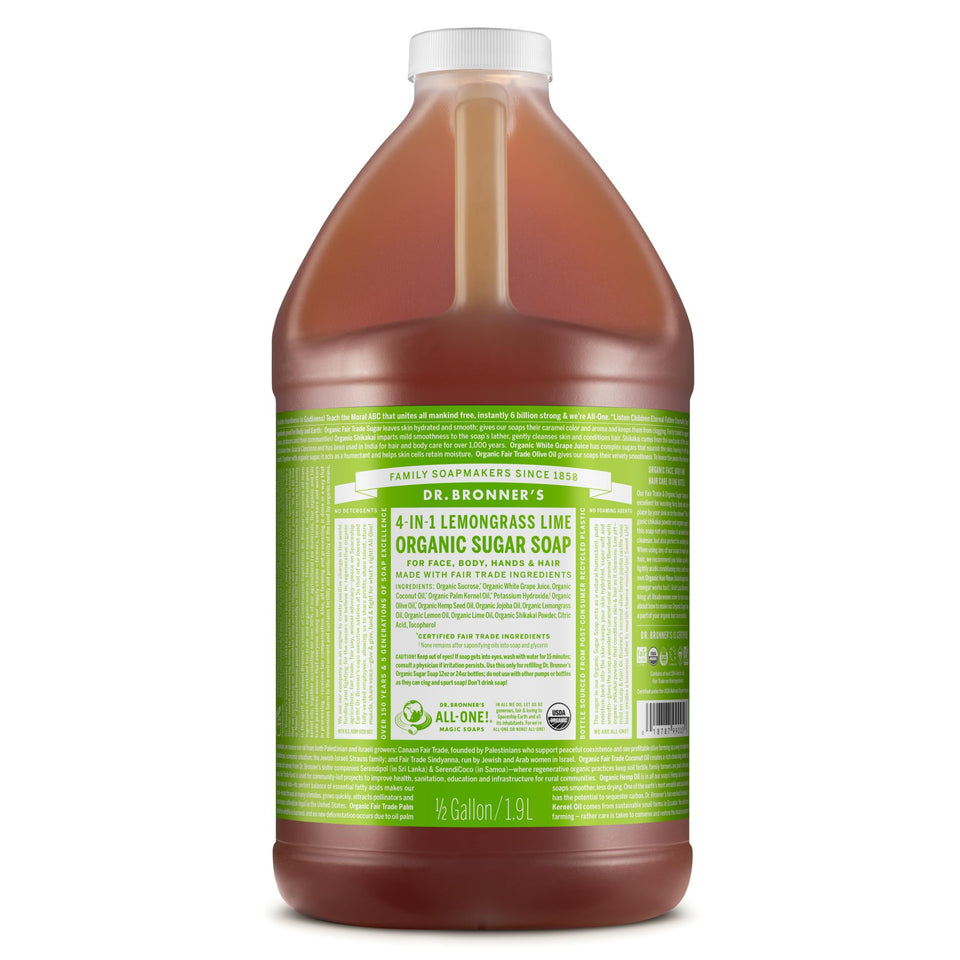 Dr. Bronner's front label showing lemongrass scent and organic claims for clarity