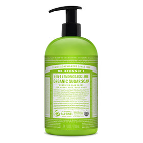 Dr. Bronner's front packaging showing lemongrass soap and benefits