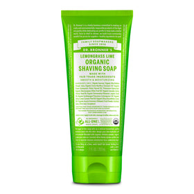 Dr. Bronner's front packaging showing lemongrass shaving soap and benefits