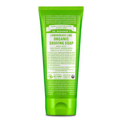 Dr. Bronner's front packaging showing lemongrass shaving soap and benefits