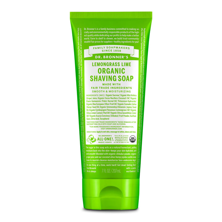 Dr. Bronner's front packaging showing lemongrass shaving soap and benefits