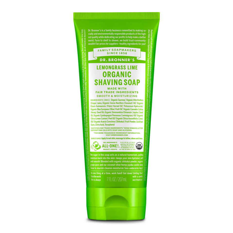 Dr. Bronner's front packaging showing lemongrass shaving soap and benefits