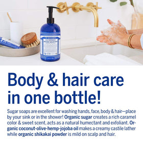 Dr. Bronner's Lemongrass bottle with shikakai powder visual showing conditioning botanical content