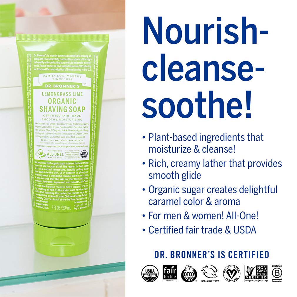 Dr. Bronner's Lemongrass soap lathered in hand showing rich foam benefit