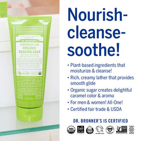 Dr. Bronner's Lemongrass soap lathered in hand showing rich foam benefit