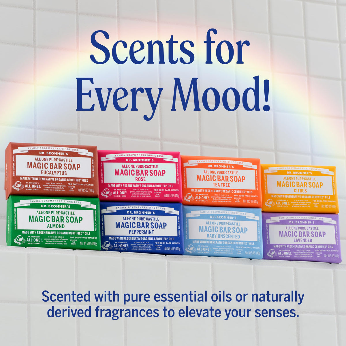 Dr. Bronner's bars on bathroom shelf in lifestyle setting highlighting eco-friendly packaging