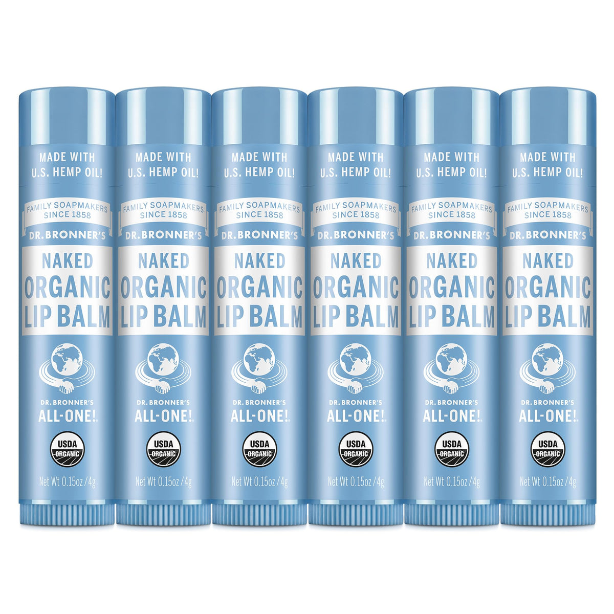 Dr. Bronner's front packaging showing six unscented lip balm tubes and clear labeling benefits
