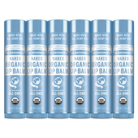 Dr. Bronner's front packaging showing six unscented lip balm tubes and clear labeling benefits