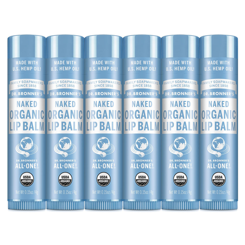 Dr. Bronner's front packaging showing six unscented lip balm tubes and clear labeling benefits