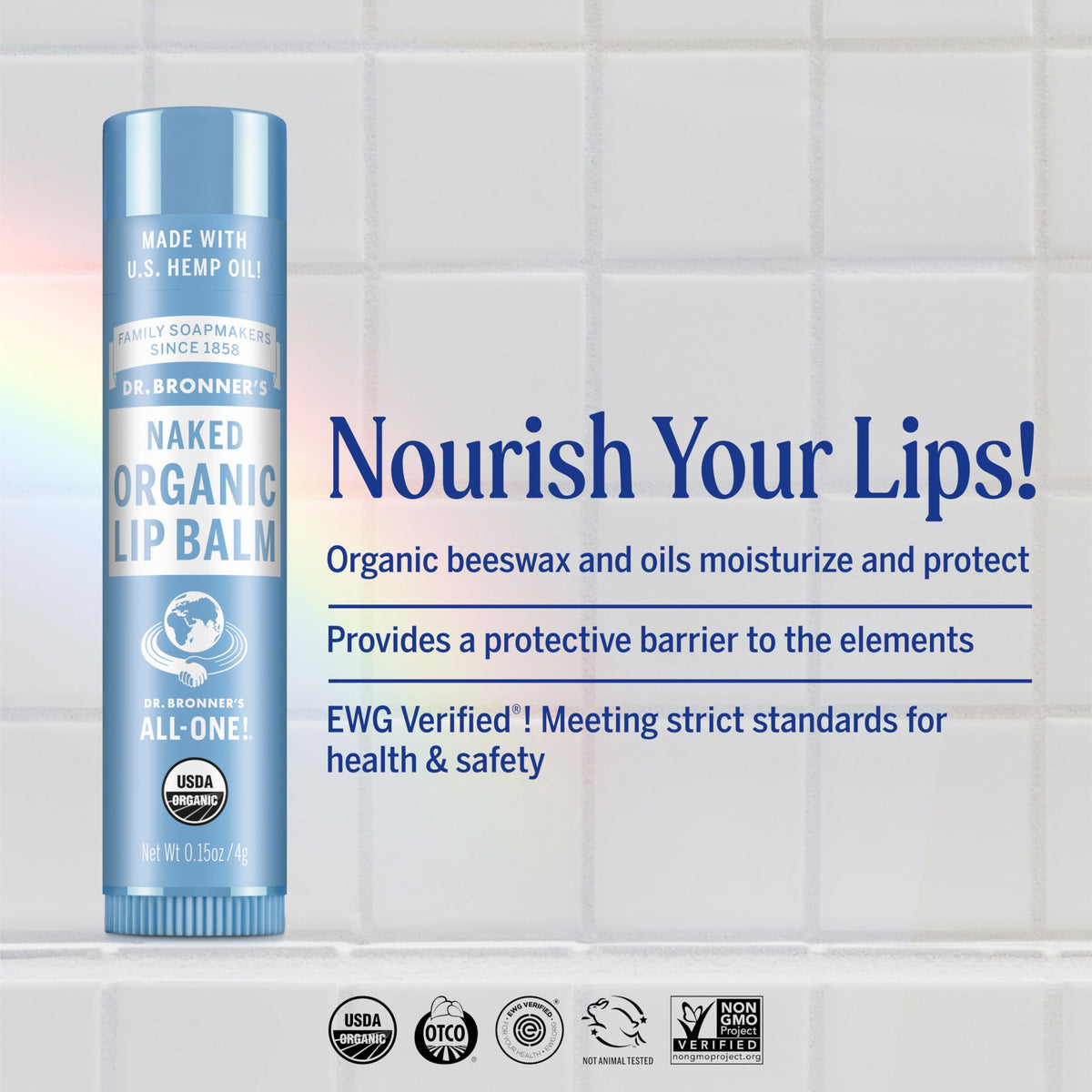 Dr. Bronner's open tube displaying smooth balm texture for quick, non-greasy hydration