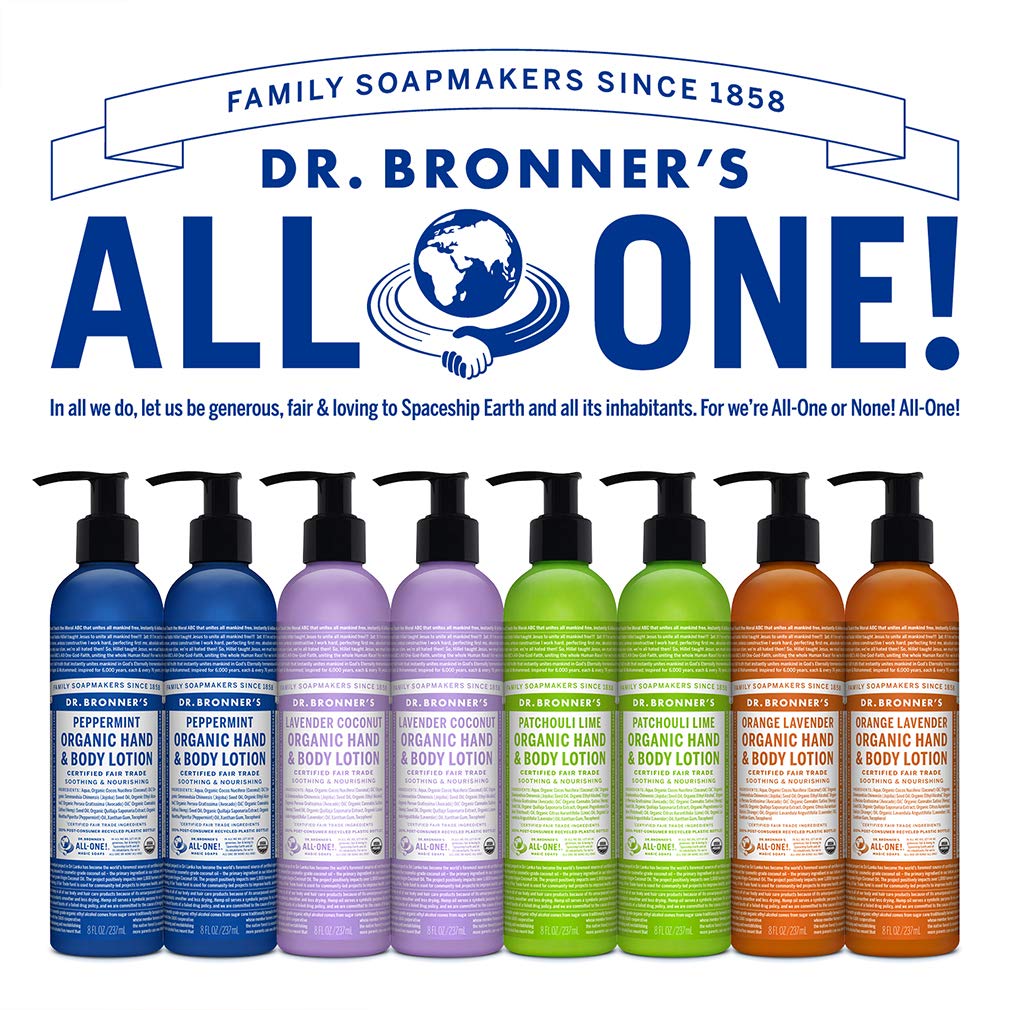 Dr. Bronner's lotion next to peppermint leaves emphasizing refreshing scent