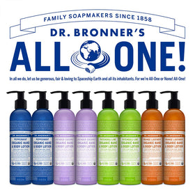 Dr. Bronner's lotion next to peppermint leaves emphasizing refreshing scent