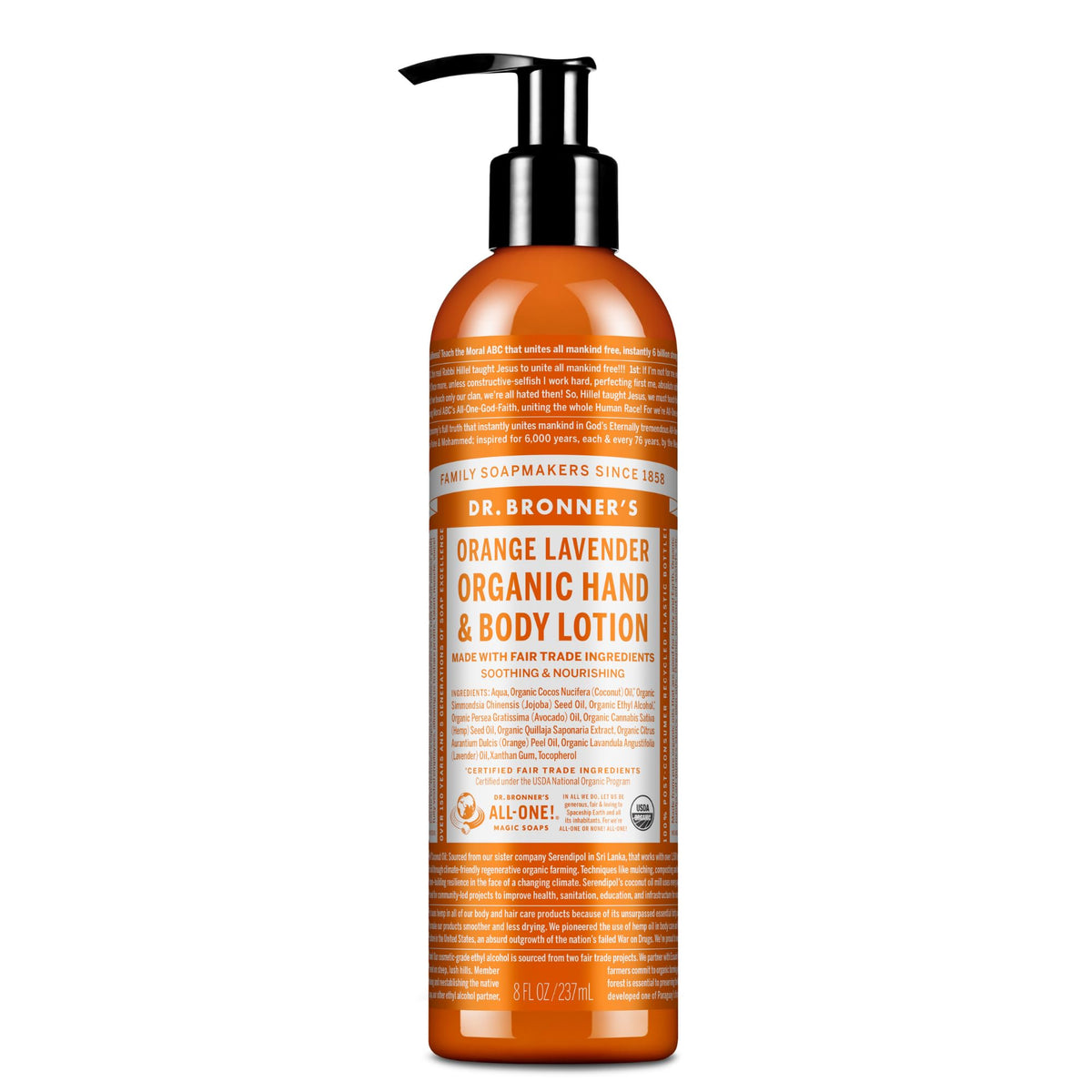 Dr. Bronner's bottle front packaging showing orange lavender scent and organic benefits