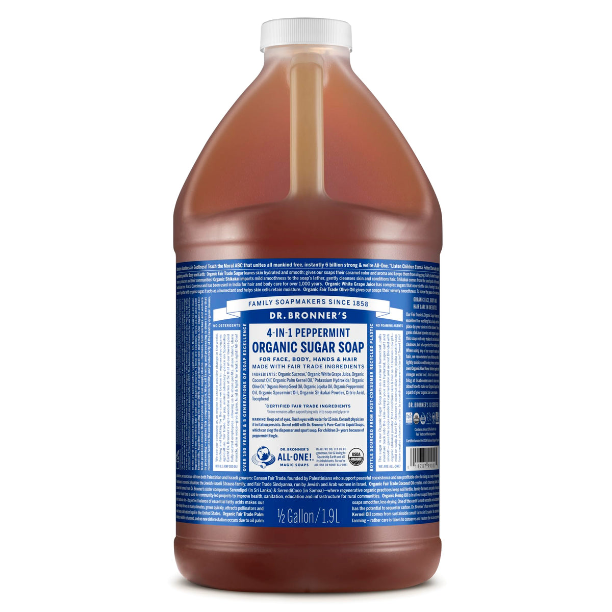 Dr. Bronner's peppermint 64 oz front label showing product identity and benefits
