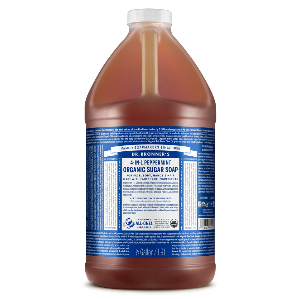 Dr. Bronner's peppermint 64 oz front label showing product identity and benefits