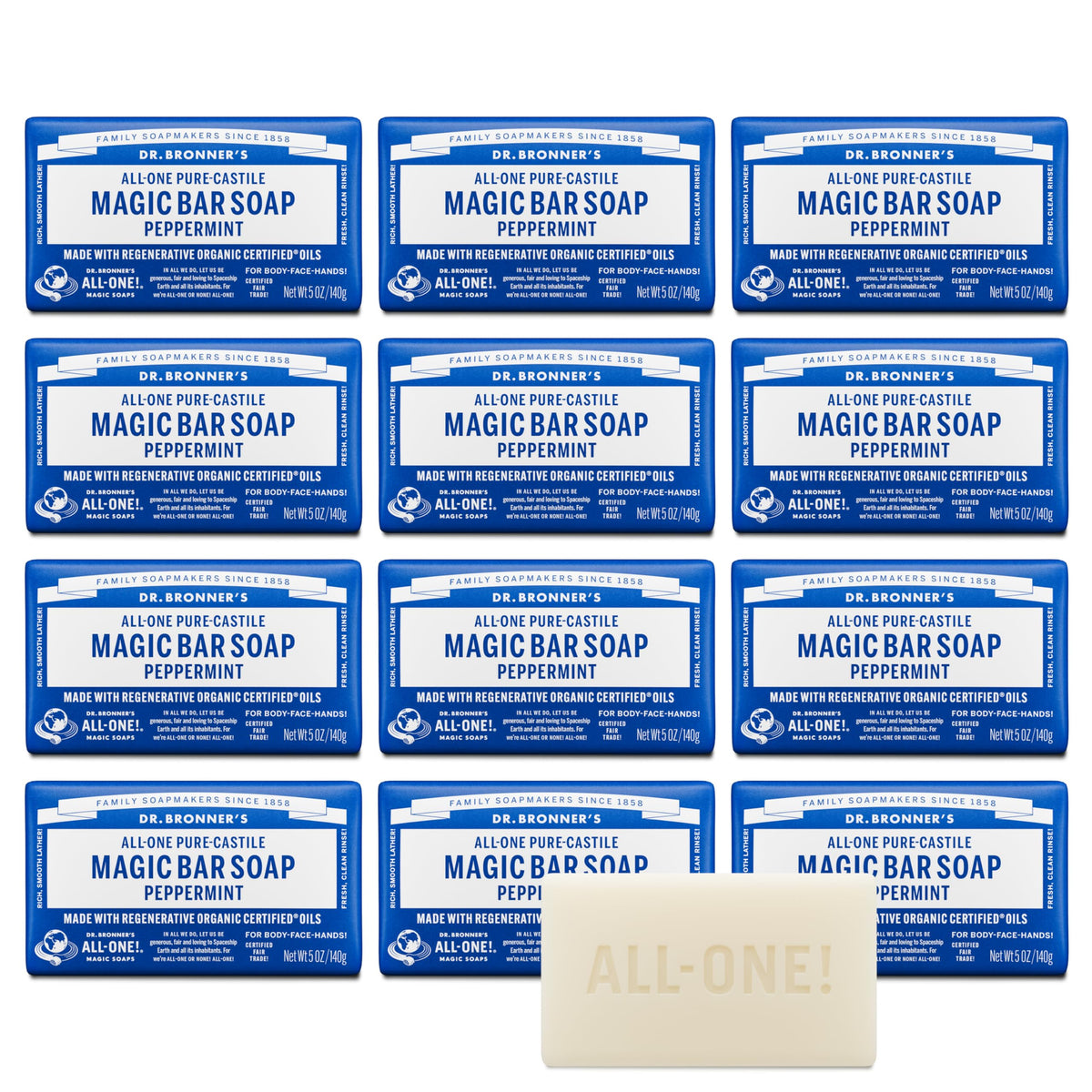 Dr. Bronner's peppermint bar front packaging showing product and scent benefit