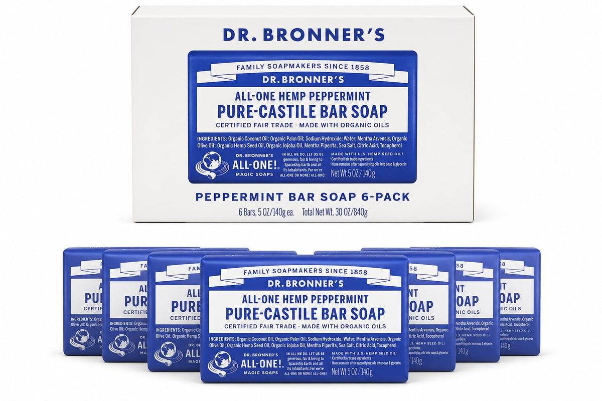 Dr. Bronner's peppermint bar front packaging showing brand and scent benefits