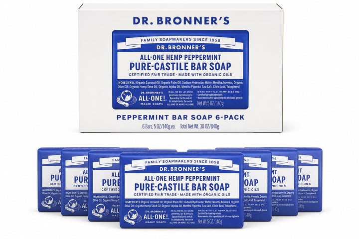 Dr. Bronner's peppermint bar front packaging showing brand and scent benefits