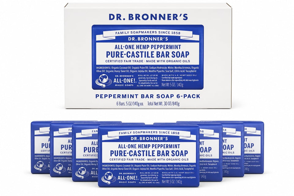 Dr. Bronner's peppermint bar front packaging showing brand and scent benefits